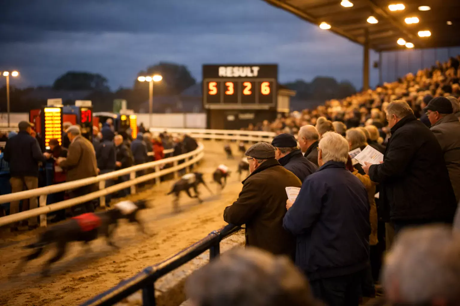 Greyhound racing track with spectators watching an evening race