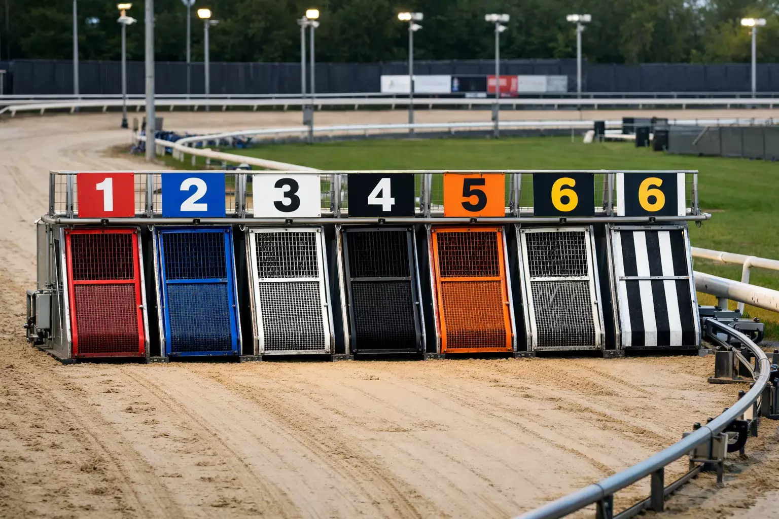 Six numbered greyhound starting traps with coloured jackets visible