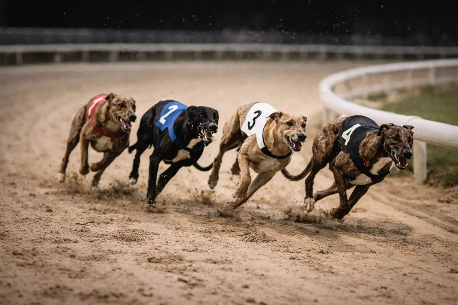 Greyhounds racing around a sand track bend at full speed