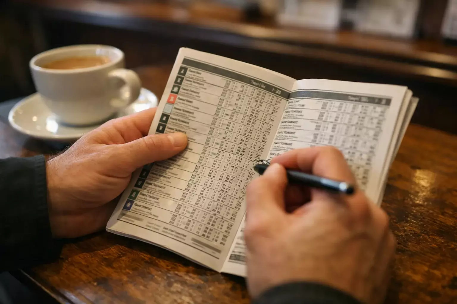 Person studying a greyhound racecard with form figures and statistics