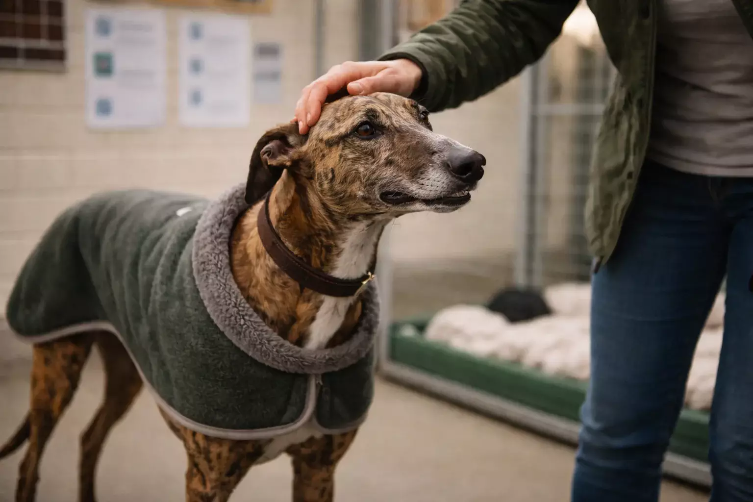Retired racing greyhound being introduced to potential adopters at a homing centre