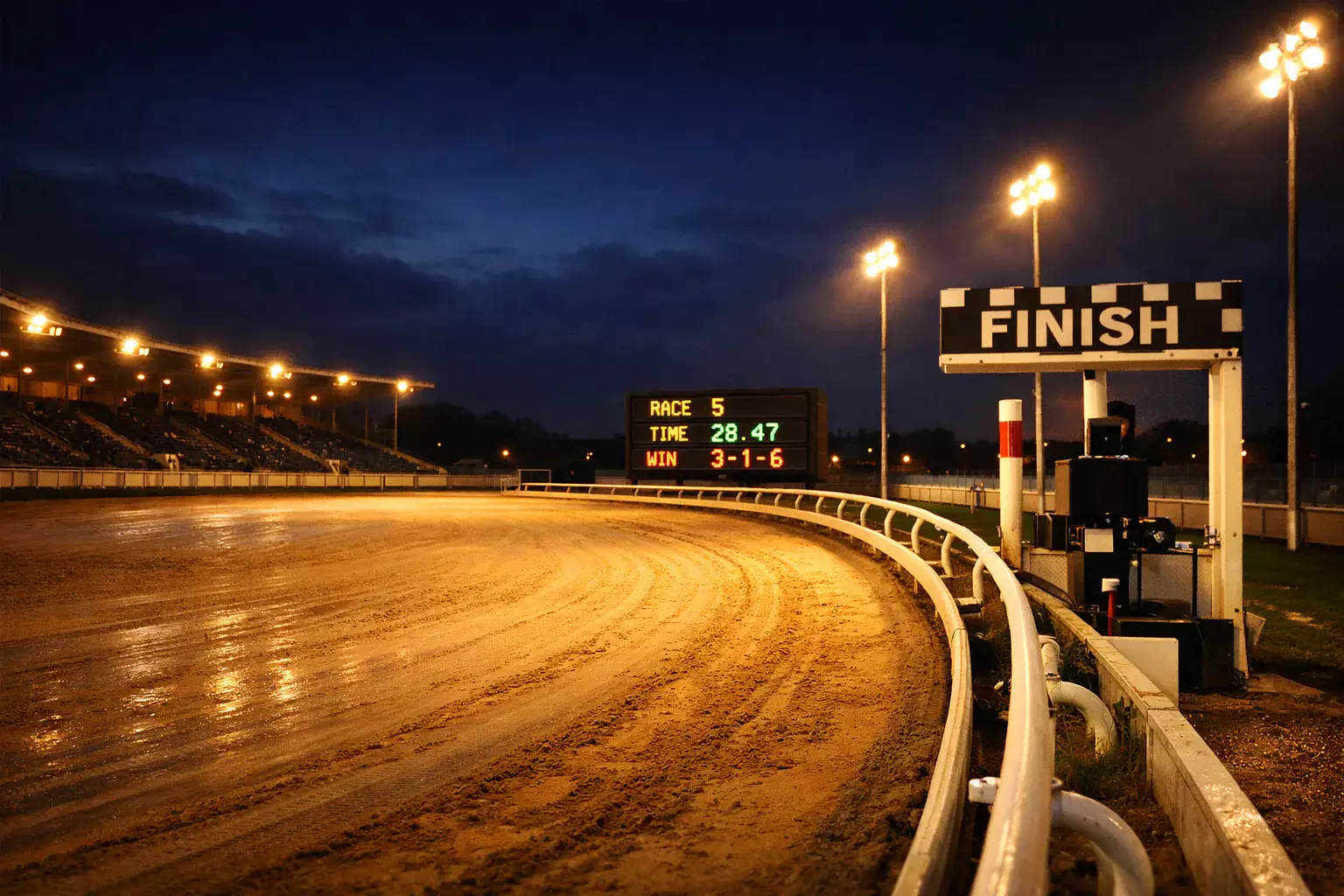Romford Greyhound Stadium illuminated at night during a live race meeting